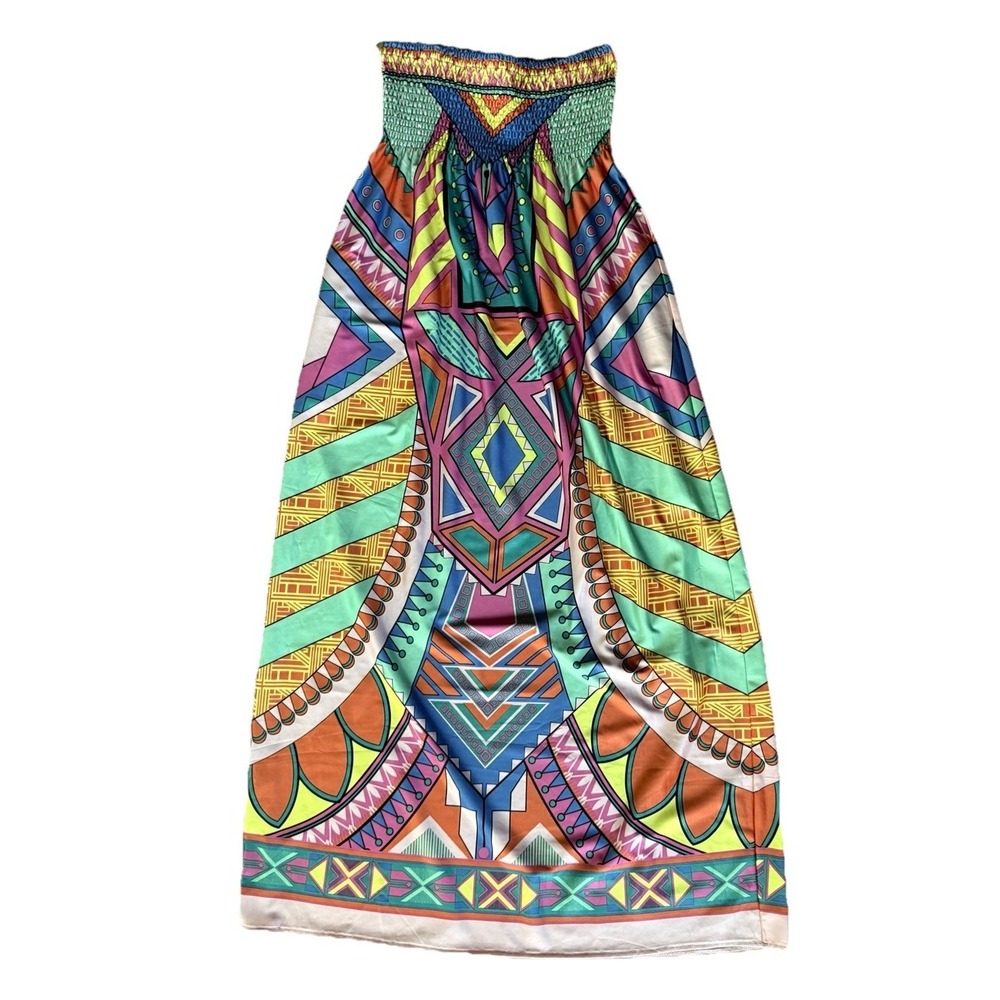 Flying Tomato Geometric Maxi Dress Large Strapless Smocked Boho Tribal